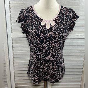 J.T.B. Cap Sleeve Blouse Black w Pink Scroll Pattern-Large